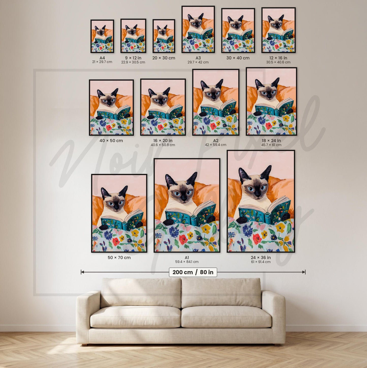 Cat Wall Art – Siamese Cat Print with Floral Reading Nook Decor, Cozy Home