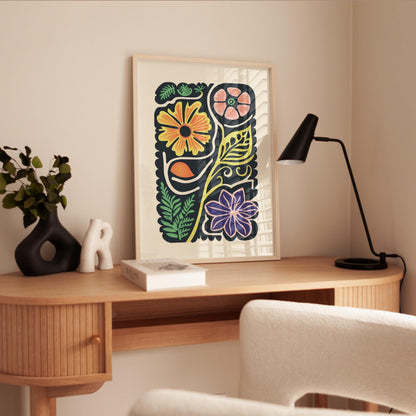 Folk Art Floral Poster – Retro Botanical Art Mid Century Print With Archival Ink