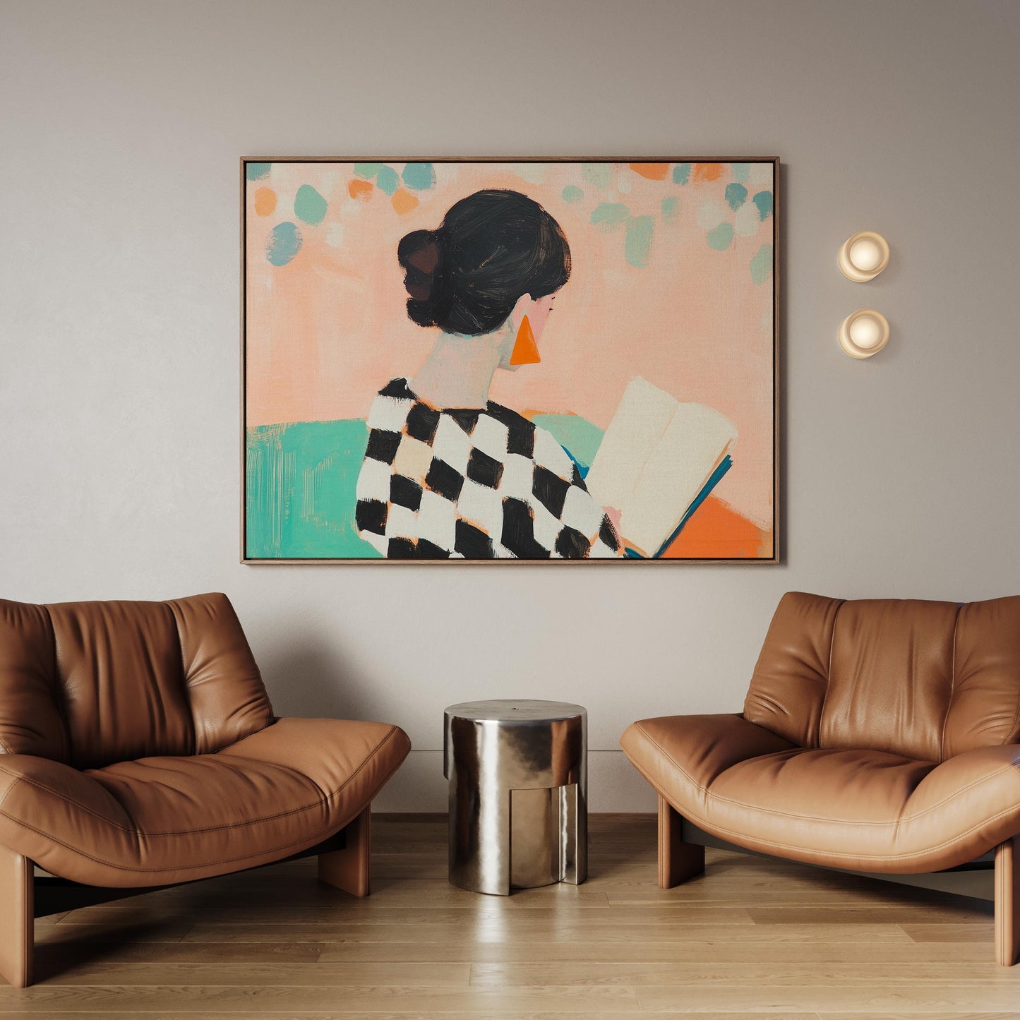 Figurative Canvas Wall Art: Woman Reading with Geometric Patterns, Modern Colorful Painting for Living Room or Bedroom