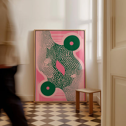 Pink and Green Geometric Abstract Canvas Art Modern Retro Wall Decor for Dining Room or Office, Mid Century Inspired Print