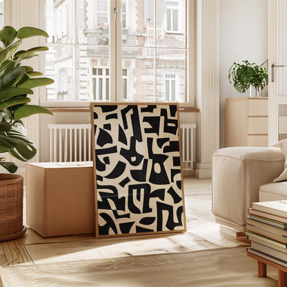 Abstract Wall Art Print – Geometric Black Shapes on Cream | Minimalist Design