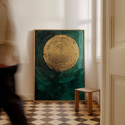 Emerald Green and Gold Sun Giclée Canvas Print, Modern Textured Abstract Wall Art for Dining Room or Living Space