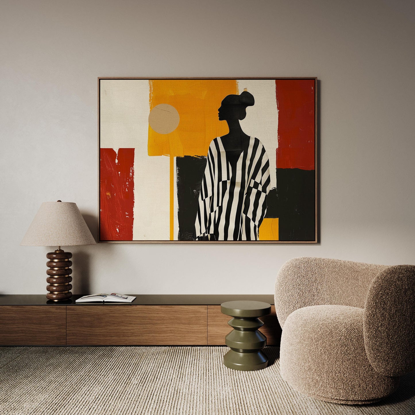 Modern Canvas Wall Art - Striped Woman Art with Geometric Wall Decor & Gallery Frame
