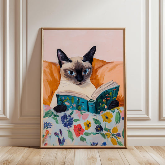 Cat Wall Art – Siamese Cat Print with Floral Reading Nook Decor, Cozy Home