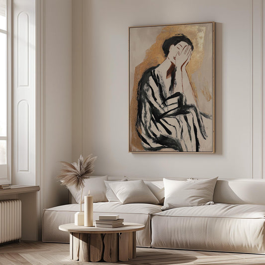 Abstract Woman Canvas Wall Art with Gold and Black Brush Strokes Modern Minimalist Print for Living Room or Bedroom