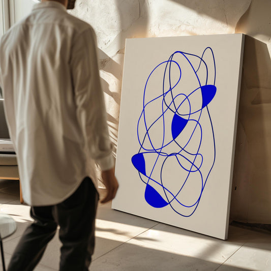 Modern Blue Line Abstract Giclée Canvas Print Minimal Continuous Flow Art for Contemporary Living Room or Office