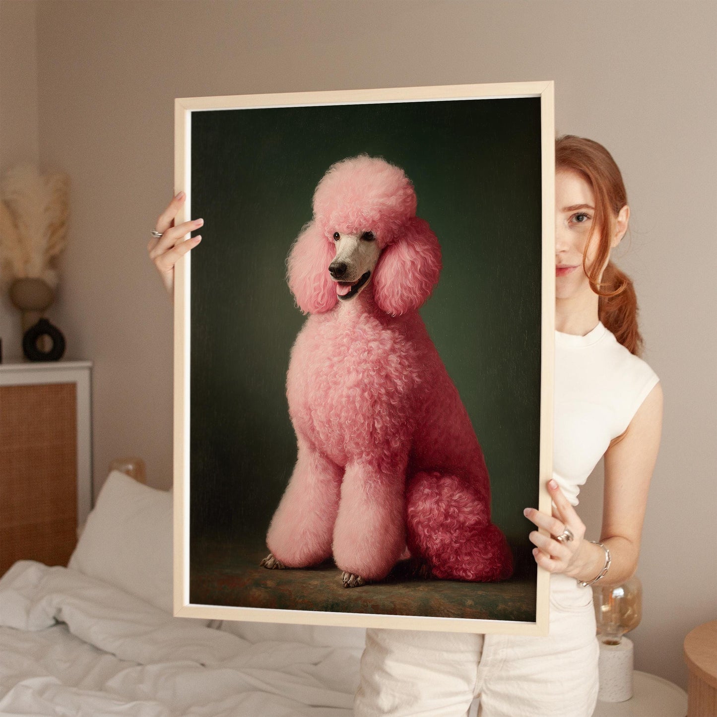 Emerald Green Poodle Art – Maximalist Dog Decor | Framed Canvas Print