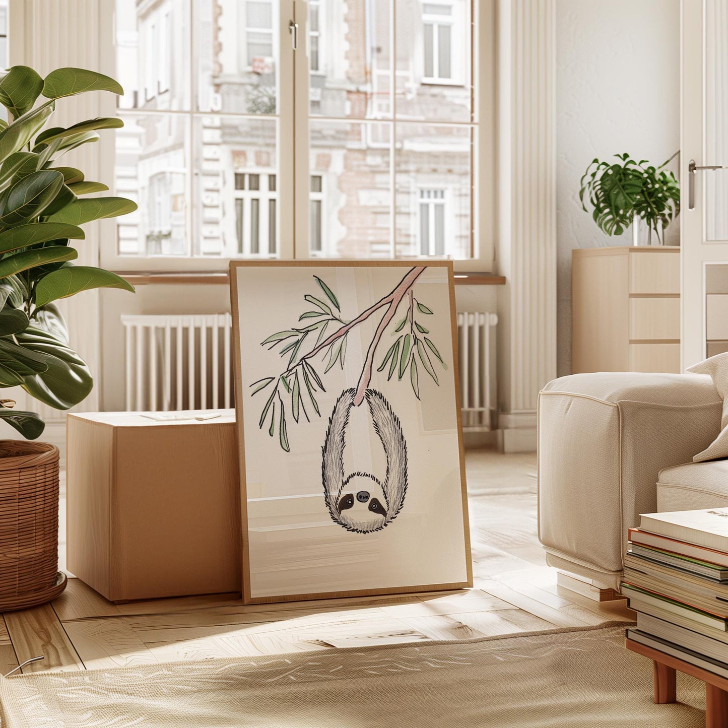 Sloth Watercolor Print – Nursery Wall Art with Eucalyptus Branch & Cute Animal Decor