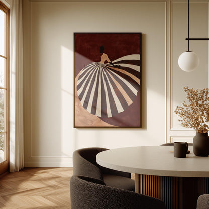 Brown and Beige Figurative Canvas Wall Art with Striped Dress Floating Frame Modern Feminine Print for Living Room