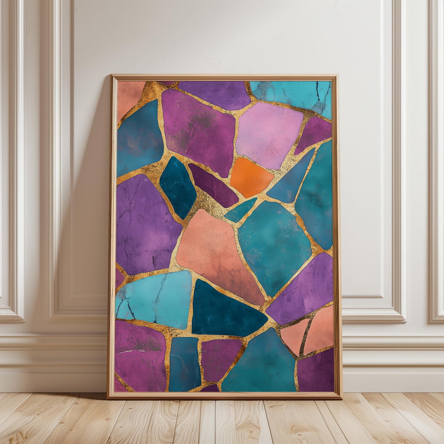Abstract Wall Art Print - Jewel Tone Wall Art with Gold Geometric Design