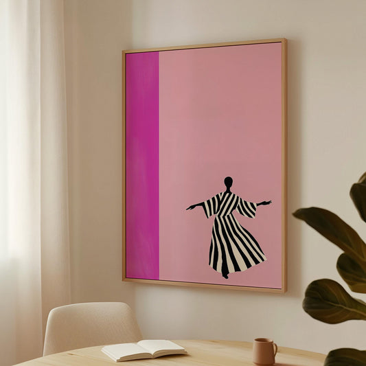 Abstract Silhouette Pink Wall Art Modern Minimalist Striped Dress Canvas Print Large Contemporary Artwork for Living Room