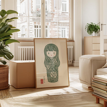Japanese Kokeshi Doll Print – Floral Kimono Art | Sage Green Nursery Wall Art