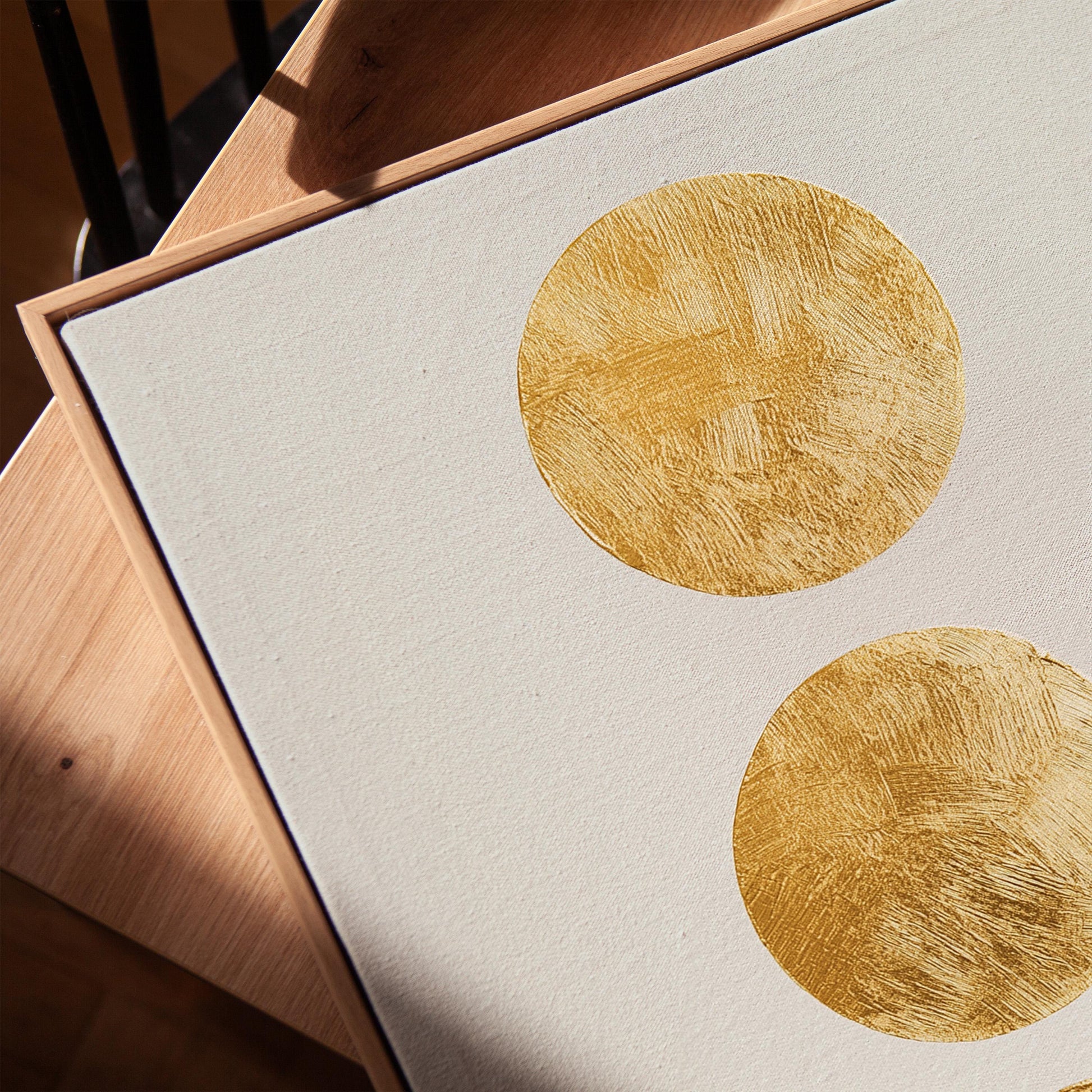 Gold Circle Minimalist Canvas Art Textured Abstract Painting in White and Beige, Modern Luxury Wall Decor for Living Room or Bedroom