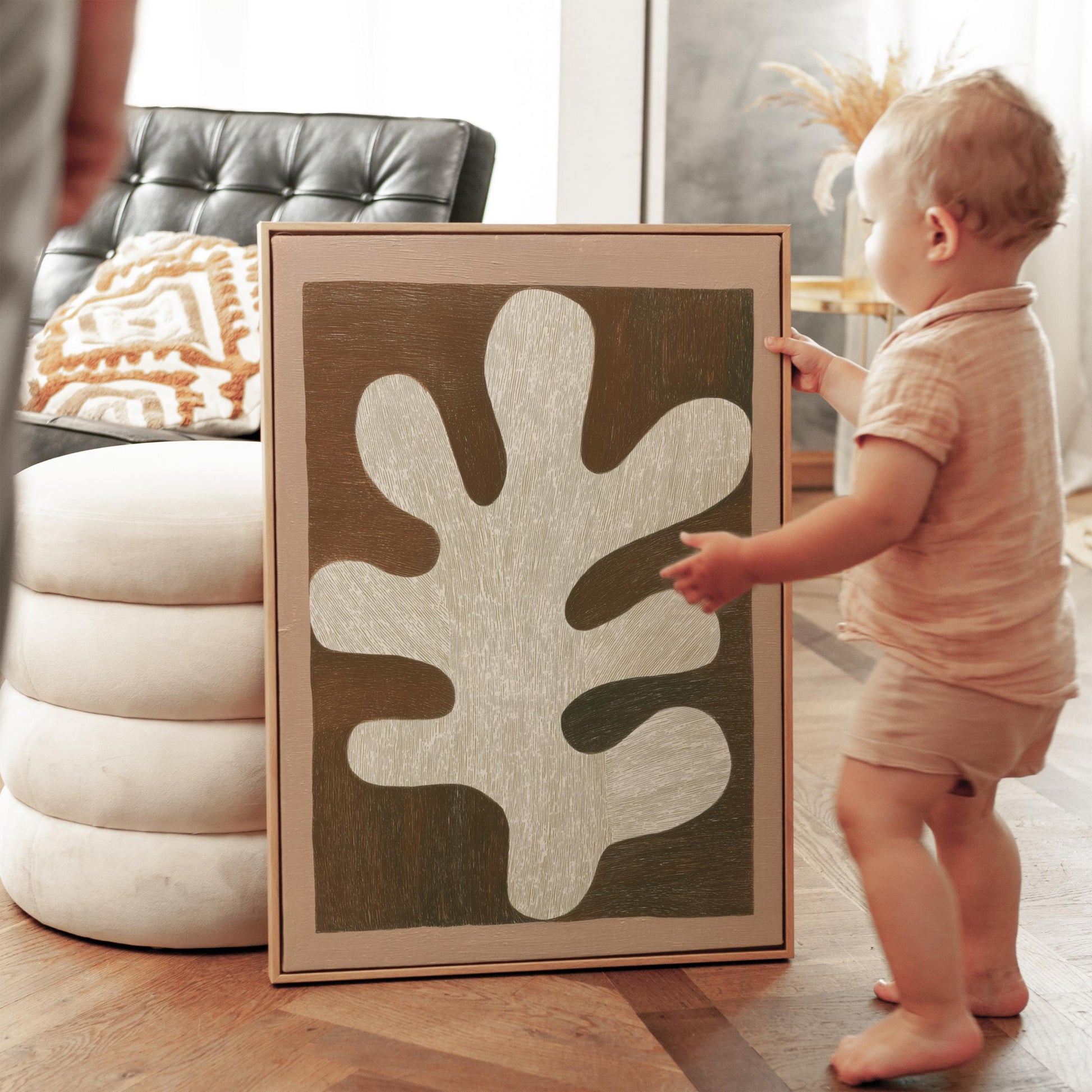 Abstract Leaf Form Canvas Art Neutral Beige and Brown Minimalist Print for Dining Room or Living Room, Modern Organic Wall Decor