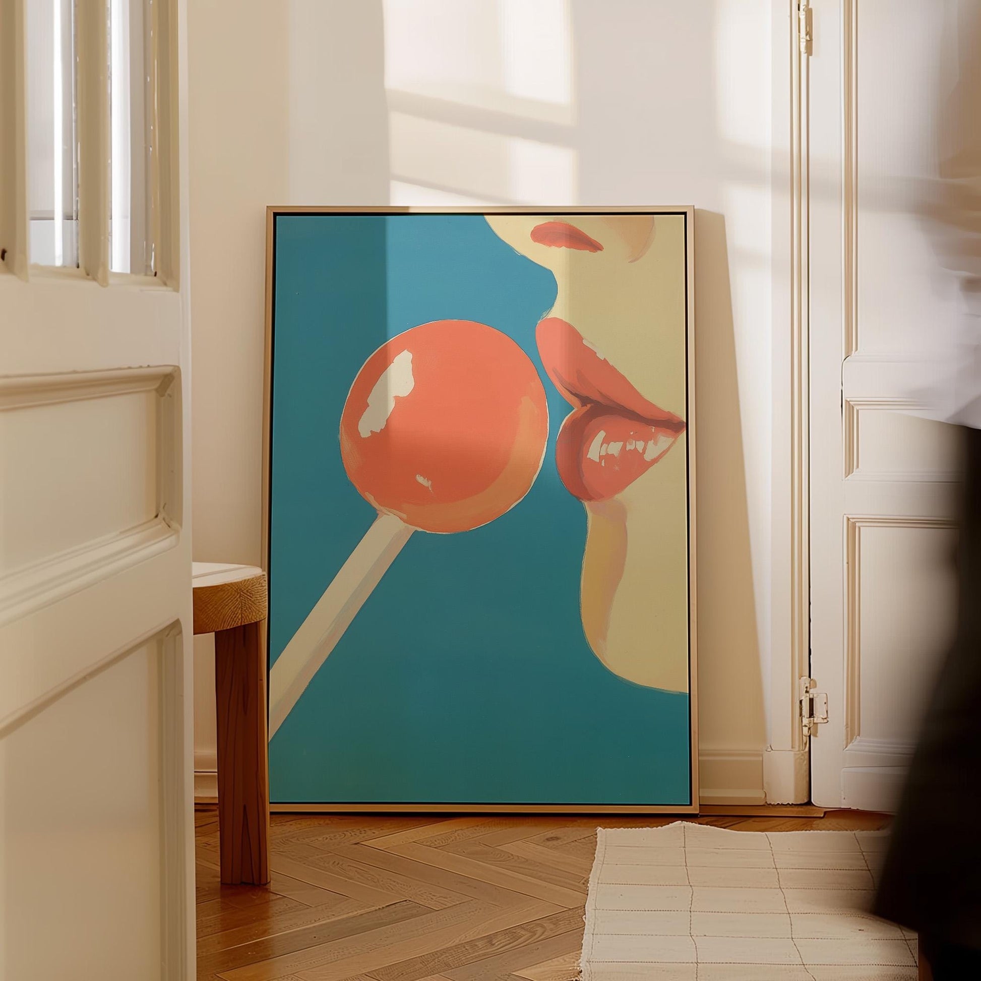 Pop Art Canvas Wall Art Red Lollipop and Lips on Blue Background Modern Figurative Framed Painting