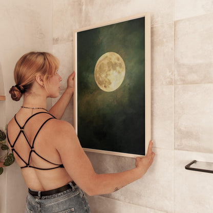 Emerald Green Moon Art | Minimalist Wall Art with Golden Circle Print - Gallery Style Canvas
