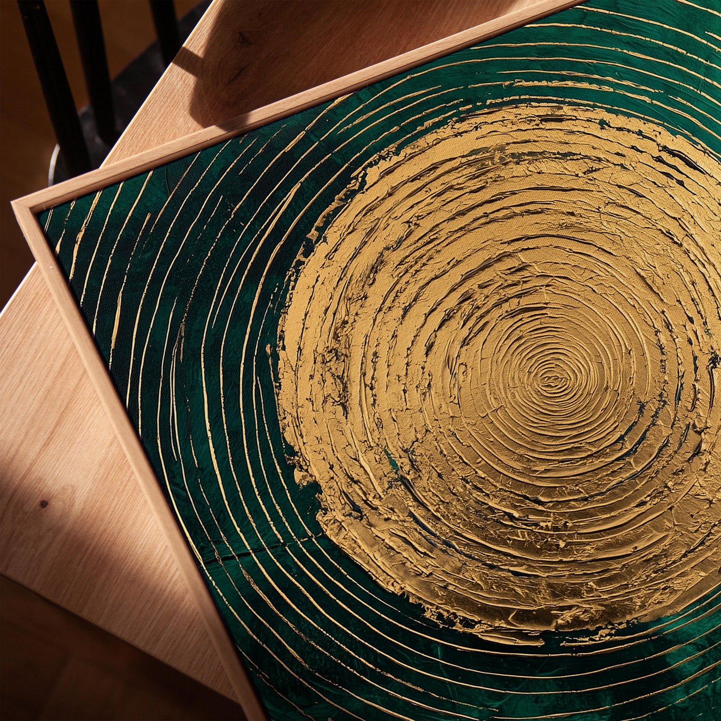 Emerald Green and Gold Sun Giclée Canvas Print, Modern Textured Abstract Wall Art for Dining Room or Living Space