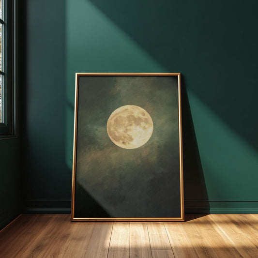 Emerald Green Moon Art | Minimalist Wall Art with Golden Circle Print - Gallery Style Canvas