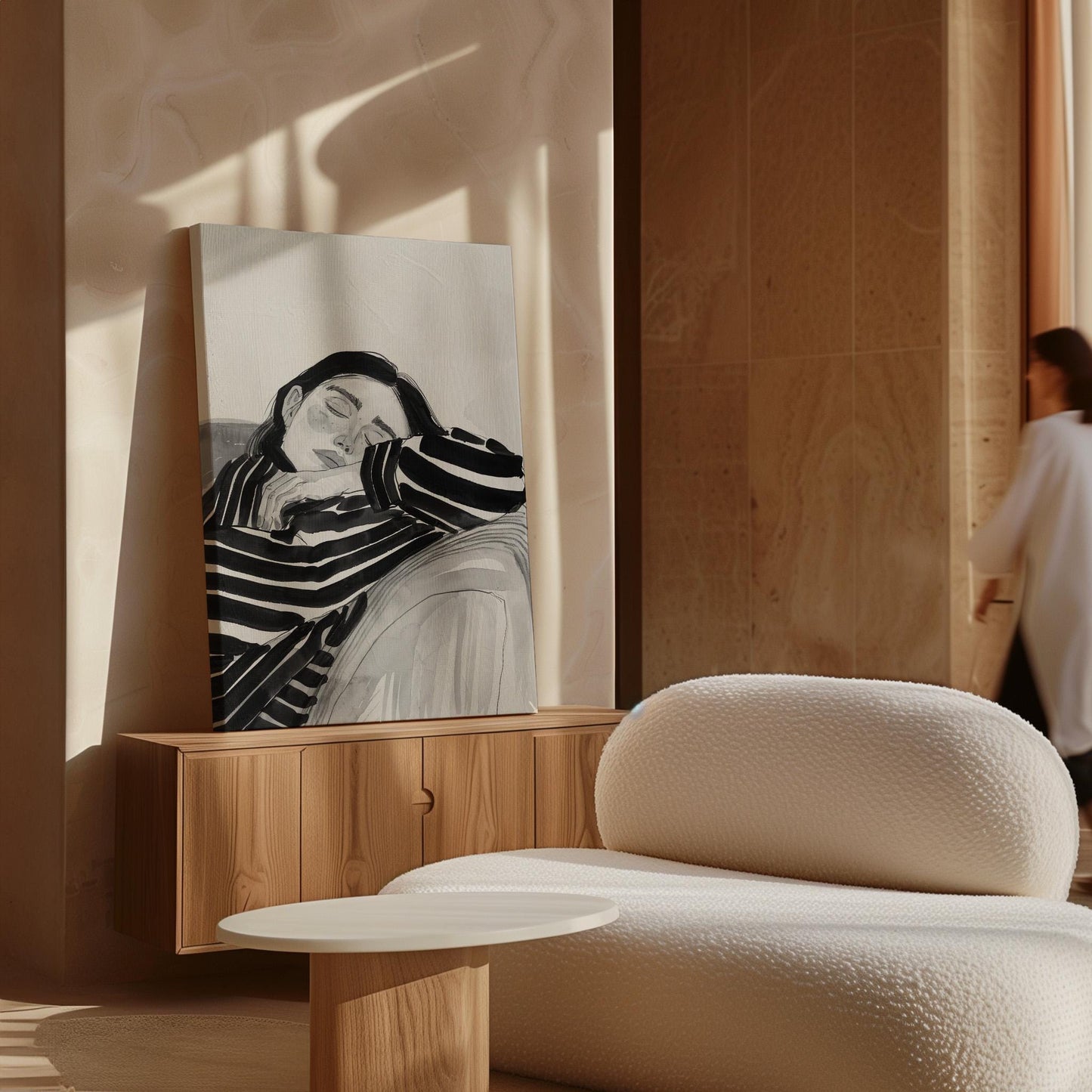 Figurative Canvas Wall Art Woman Resting in Black and White Striped Shirt Modern Framed Painting