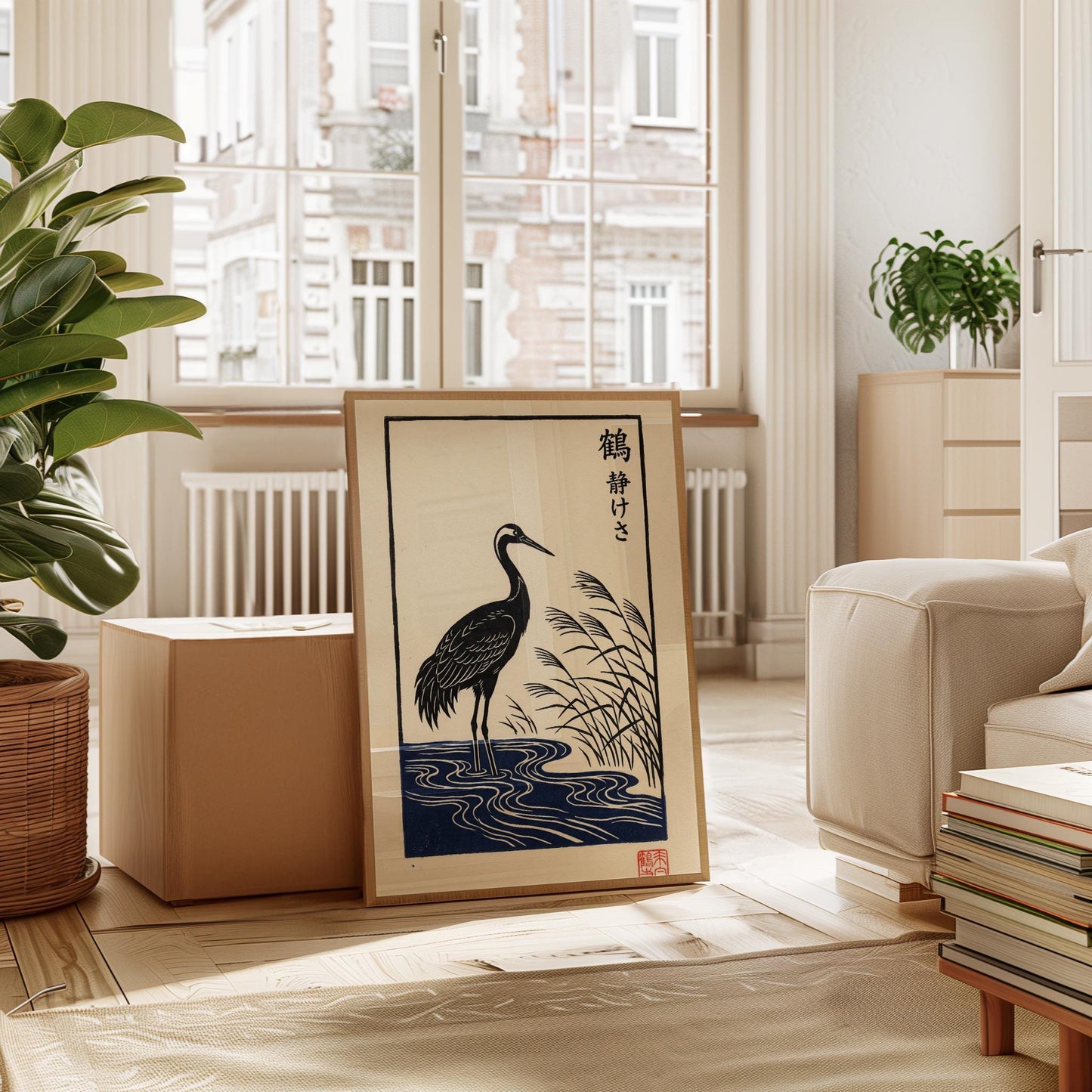 Crane Wall Art Print – Minimalist Japanese Art | Zen Home Decoration, Black & Cream Poster