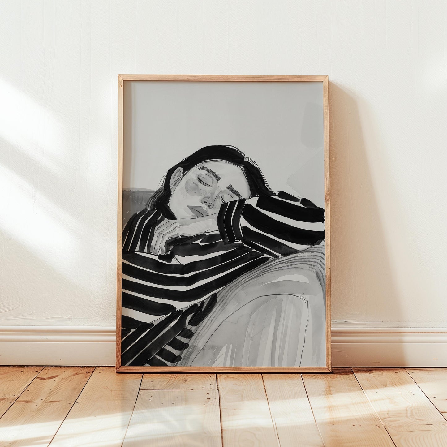 Minimalist Black and White Art – Resting Woman Print with Soft Gray Tones