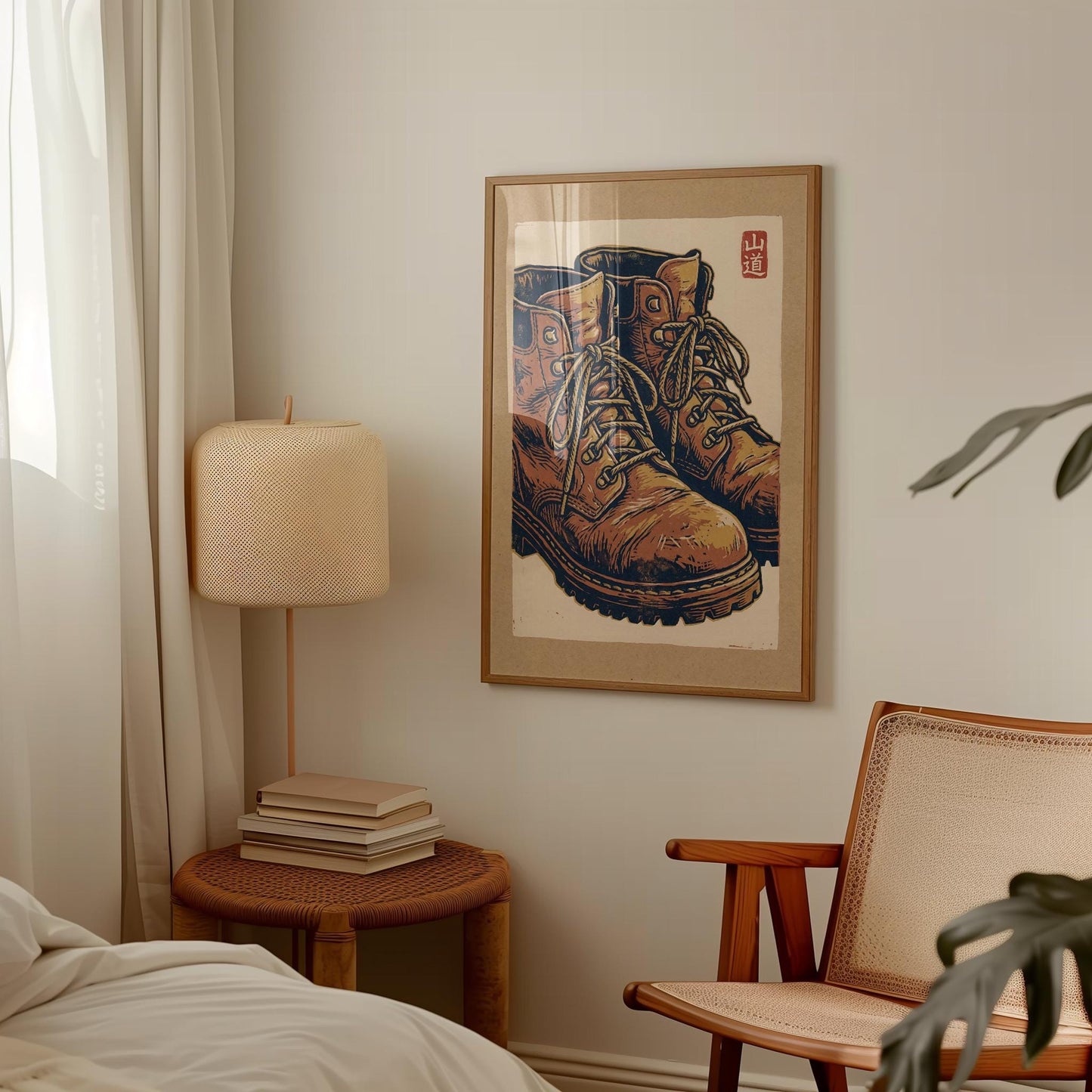 Hiking Boots Wall Art - Vintage Woodblock Print Poster with Earthy Tones