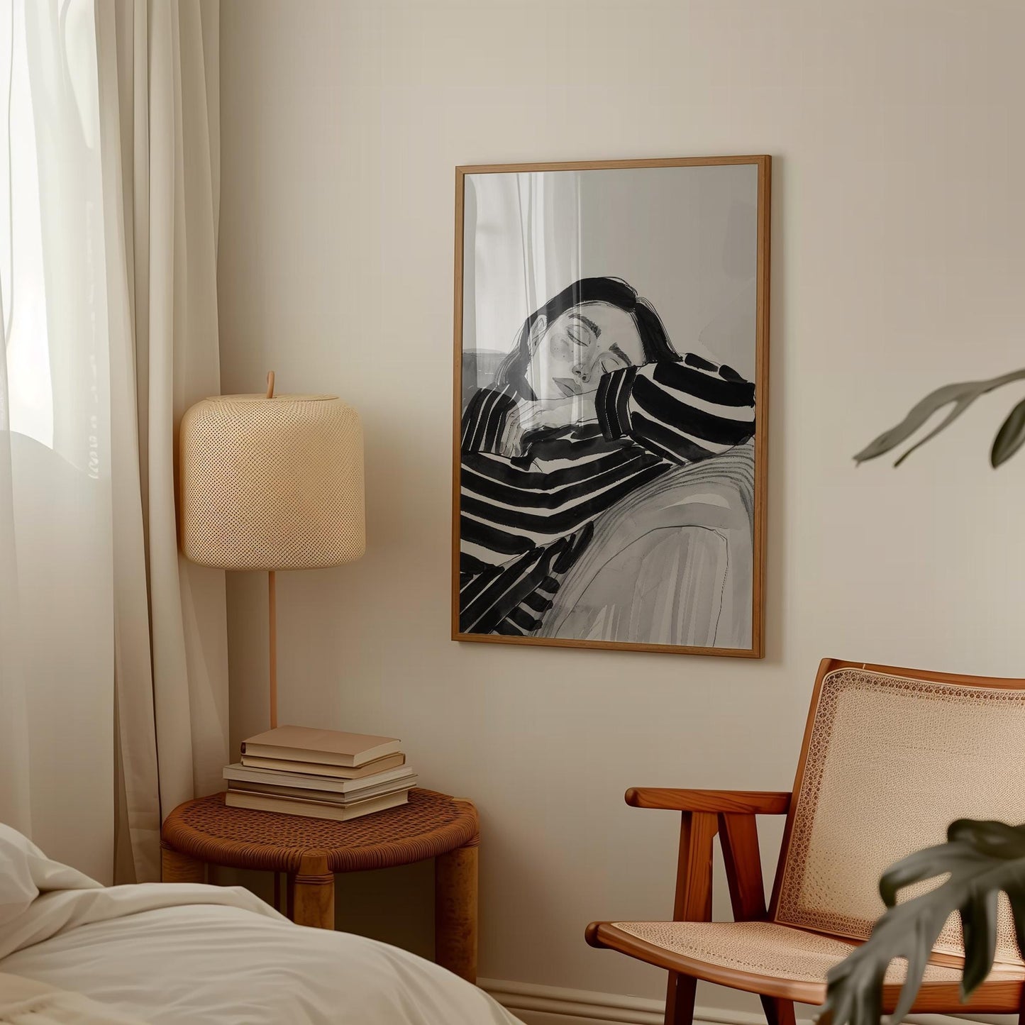 Minimalist Black and White Art – Resting Woman Print with Soft Gray Tones