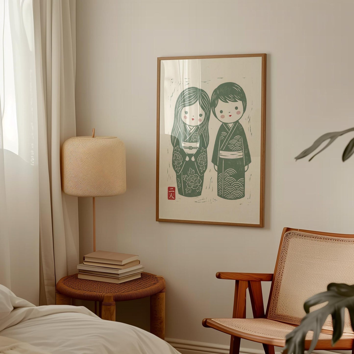 Japanese Kokeshi Dolls Print - Minimalist Nursery Decor | Linocut Style Art