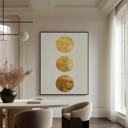 Gold Circle Minimalist Canvas Art Textured Abstract Painting in White and Beige, Modern Luxury Wall Decor for Living Room or Bedroom