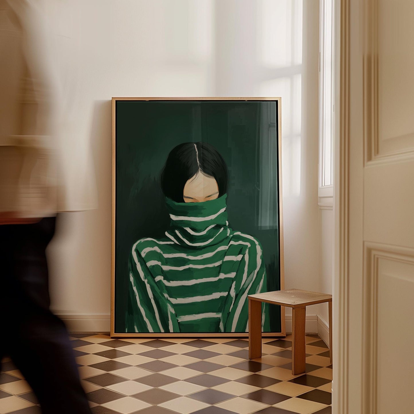 Woman Turtleneck Canvas | Modern Green Portrait on Cotton Canvas Print - Floating Wood Frame