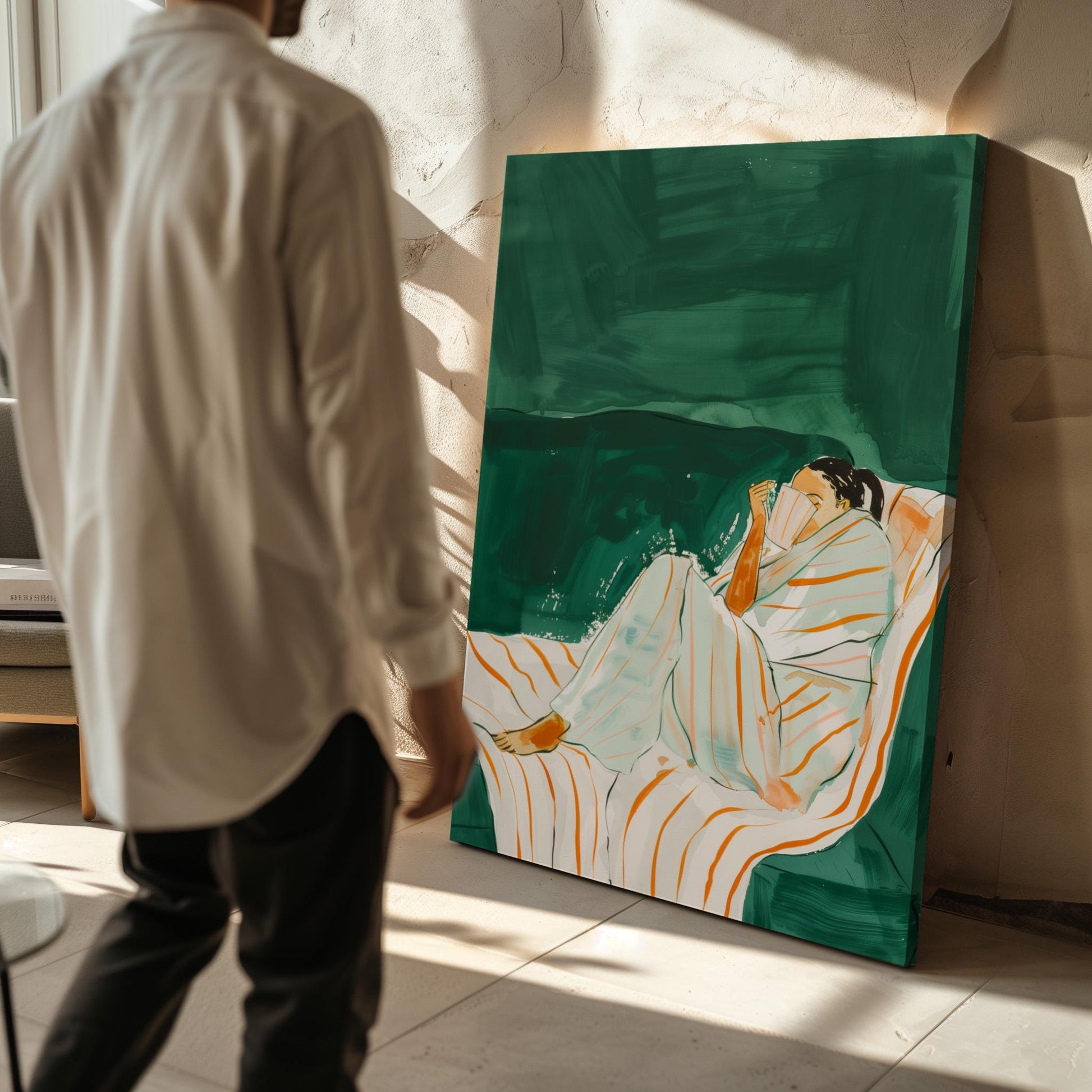 Woman Reading Wall Art Modern Canvas Print Relaxing Green Striped Chair Minimalist Home Decor for Bedroom Living Room