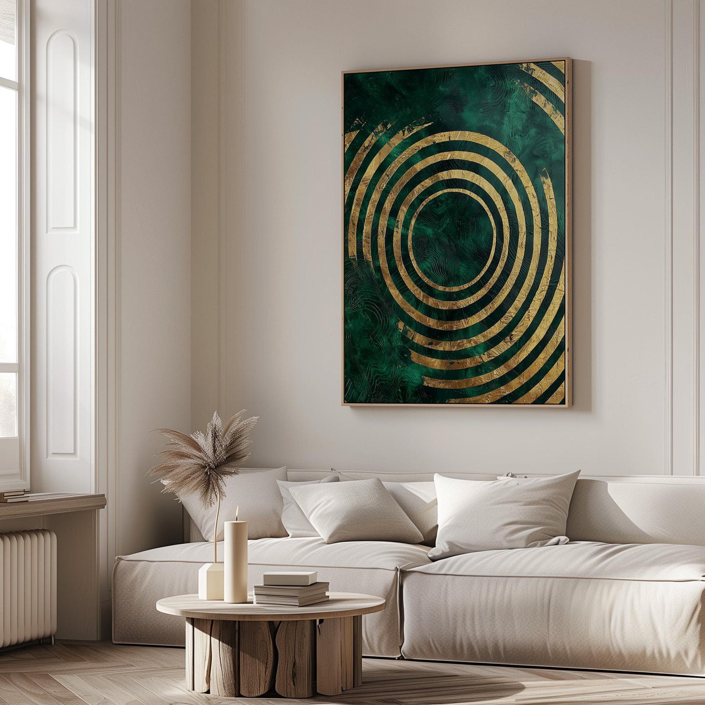 Emerald Green Gold Circle Canvas Print, Luxury Giclée Abstract Wall Art for Modern Interior or Office