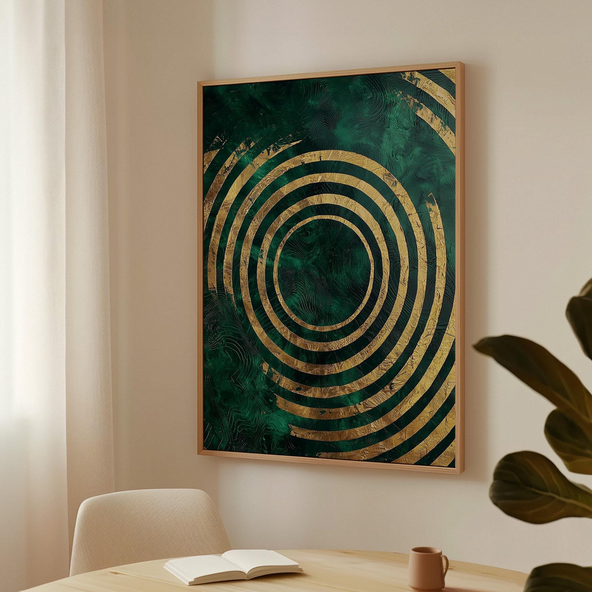 Emerald Green Gold Circle Canvas Print, Luxury Giclée Abstract Wall Art for Modern Interior or Office