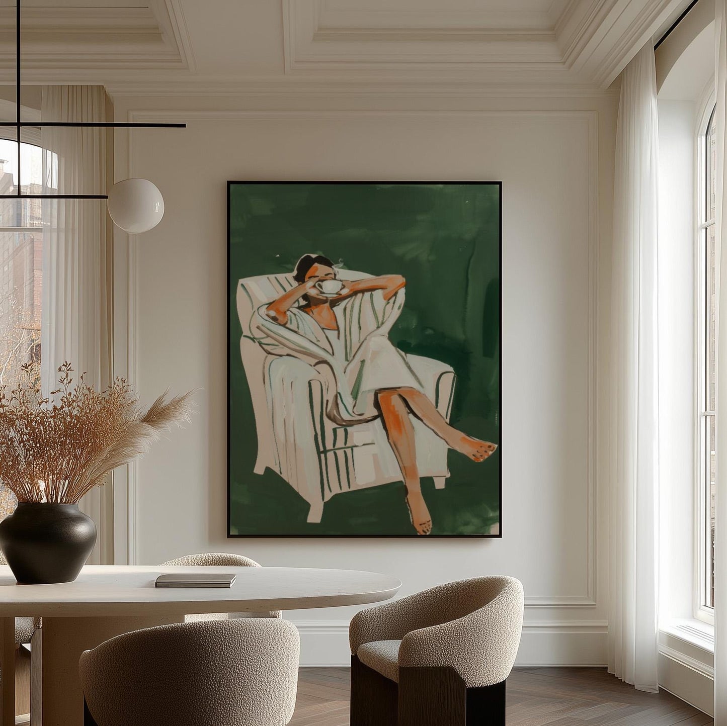 Woman Drinking Coffee Canvas Print Minimalist Wall Art Relaxing Modern Decor for Living Room or Kitchen