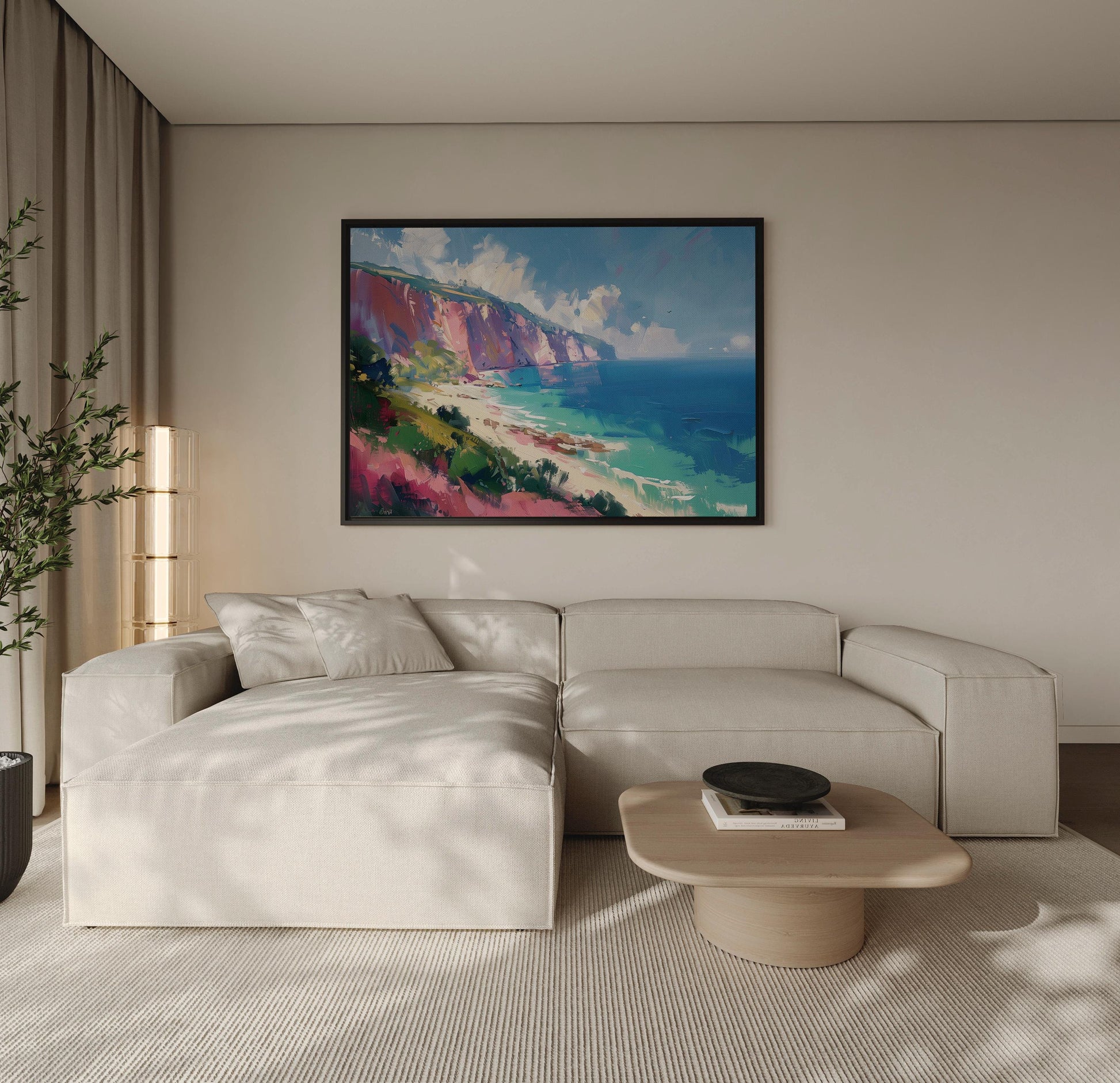 Coastal Cliff Landscape Canvas Wall Art: Colorful Seaside Painting, Beach Ocean View for Living Room or Bedroom