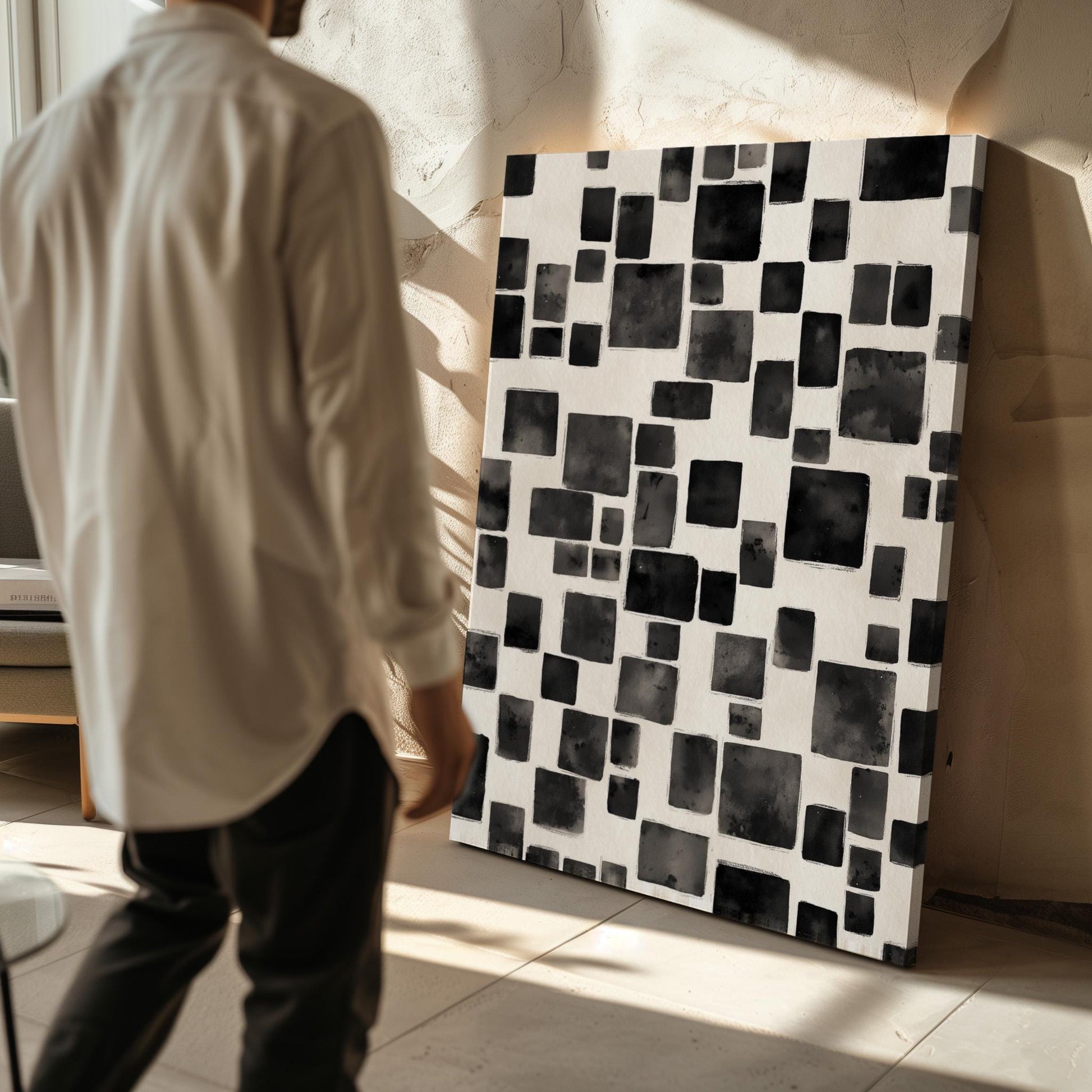 Modern Black Abstract Squares Canvas Art, Minimalist Geometric Wall Art Print, Contemporary Giclée for Living Room or Office Decor