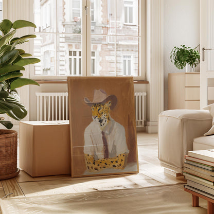a large painting of a leopard wearing a cowboy hat, displayed in a living room setting with a window and various furniture.
