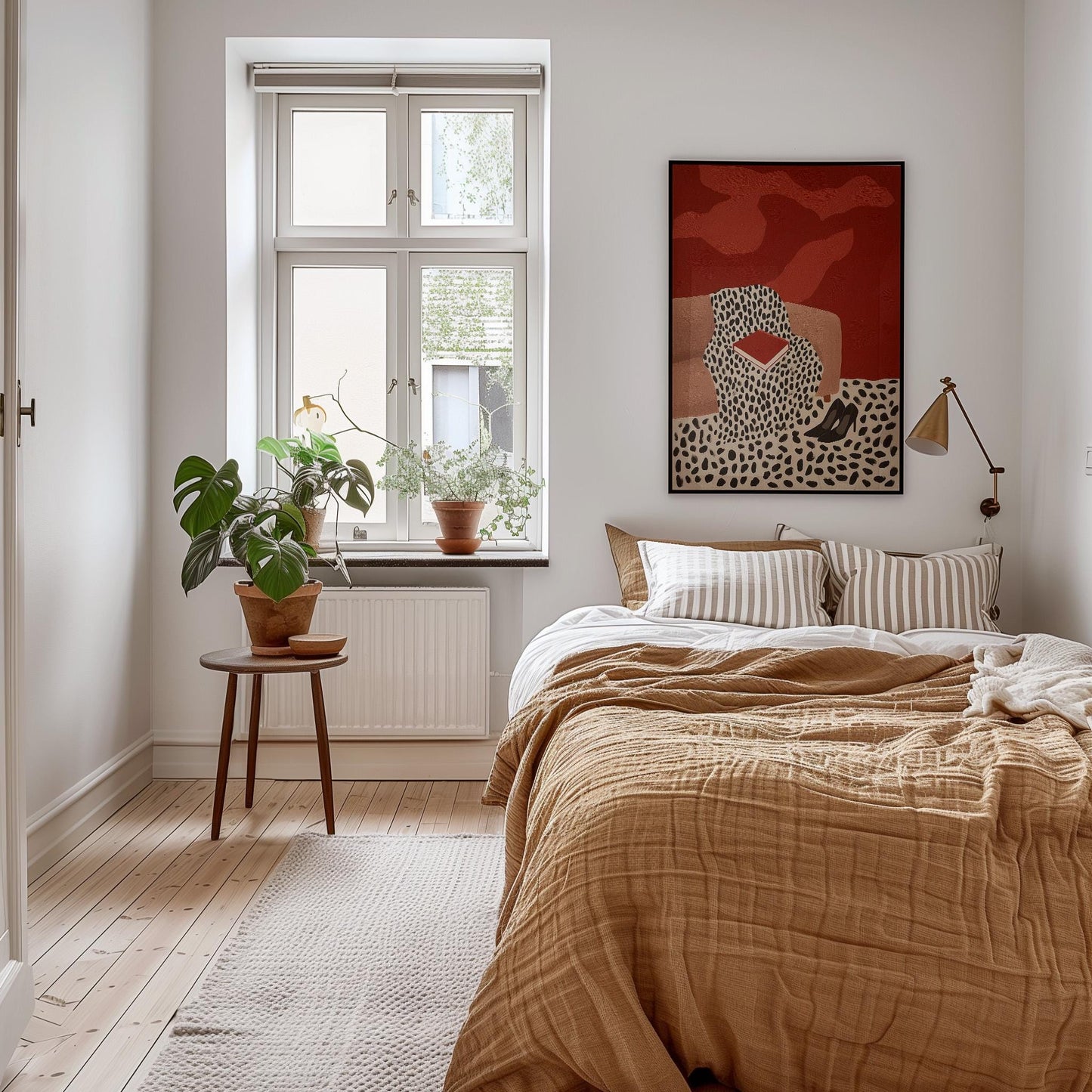 a cozy bedroom with a large bed, a wooden nightstand, and a large window with a plant on the sill. The room has a neutral color scheme with a red and black abstract painting on the wall.