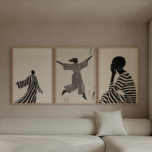 Black and White Women Canvas Set of 3, Minimalist Striped Wall Art, Modern Figurative Abstract Artwork for Living Room or Bedroom