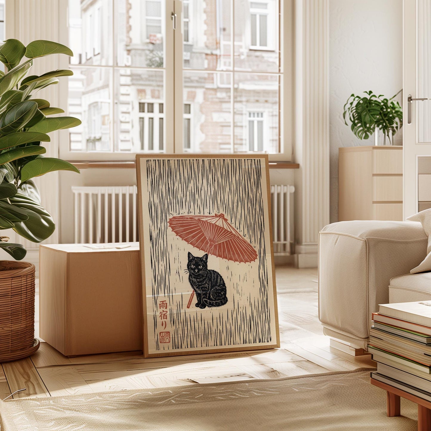 Black Cat Poster – Japanese Ukiyo-e Print With Rain Umbrella Art