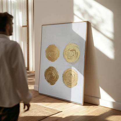 Gold Circle Textured Canvas Art Minimal Abstract Painting in White and Beige, Modern Luxury Wall Decor for Living Room or Office
