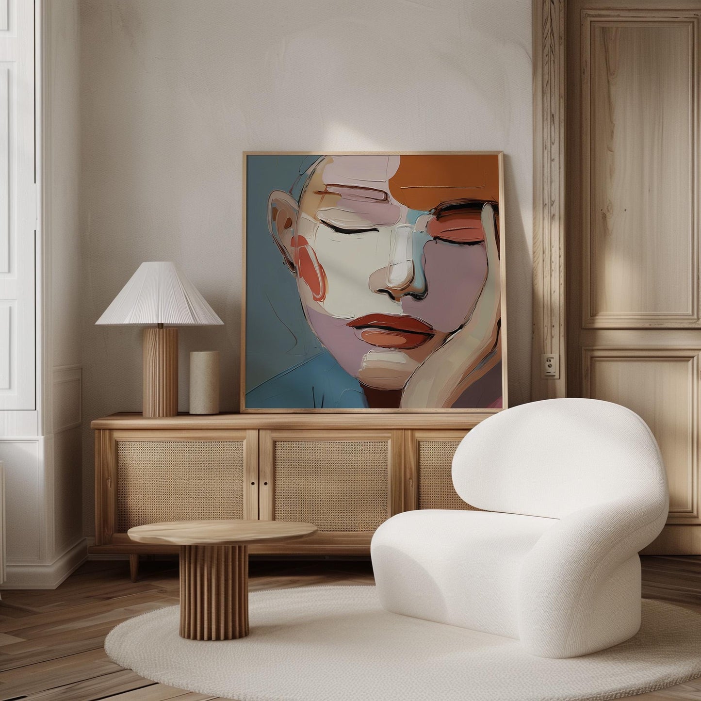 Abstract Face Wall Art - Modern Canvas Portrait With Floating Wood Frame