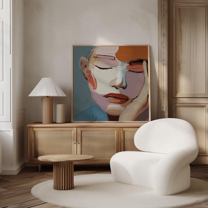 Abstract Face Wall Art - Modern Canvas Portrait With Floating Wood Frame