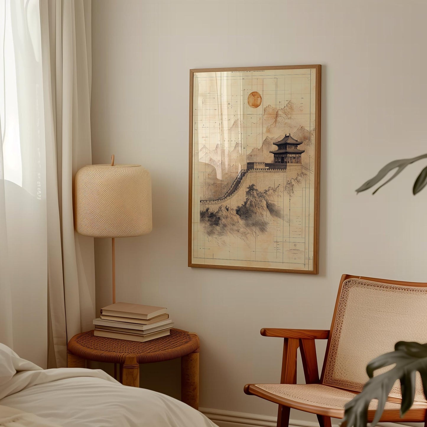 Vintage Wall Poster – Sepia Mountain Print With Asian Pagoda Art & Nostalgic Tones
