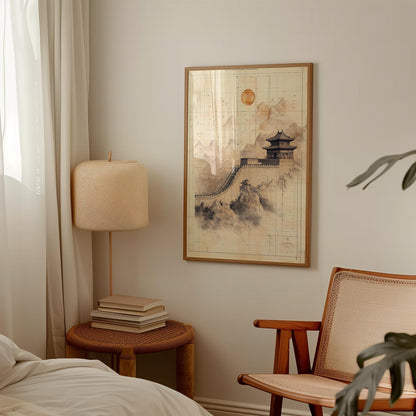 Vintage Wall Poster – Sepia Mountain Print With Asian Pagoda Art & Nostalgic Tones