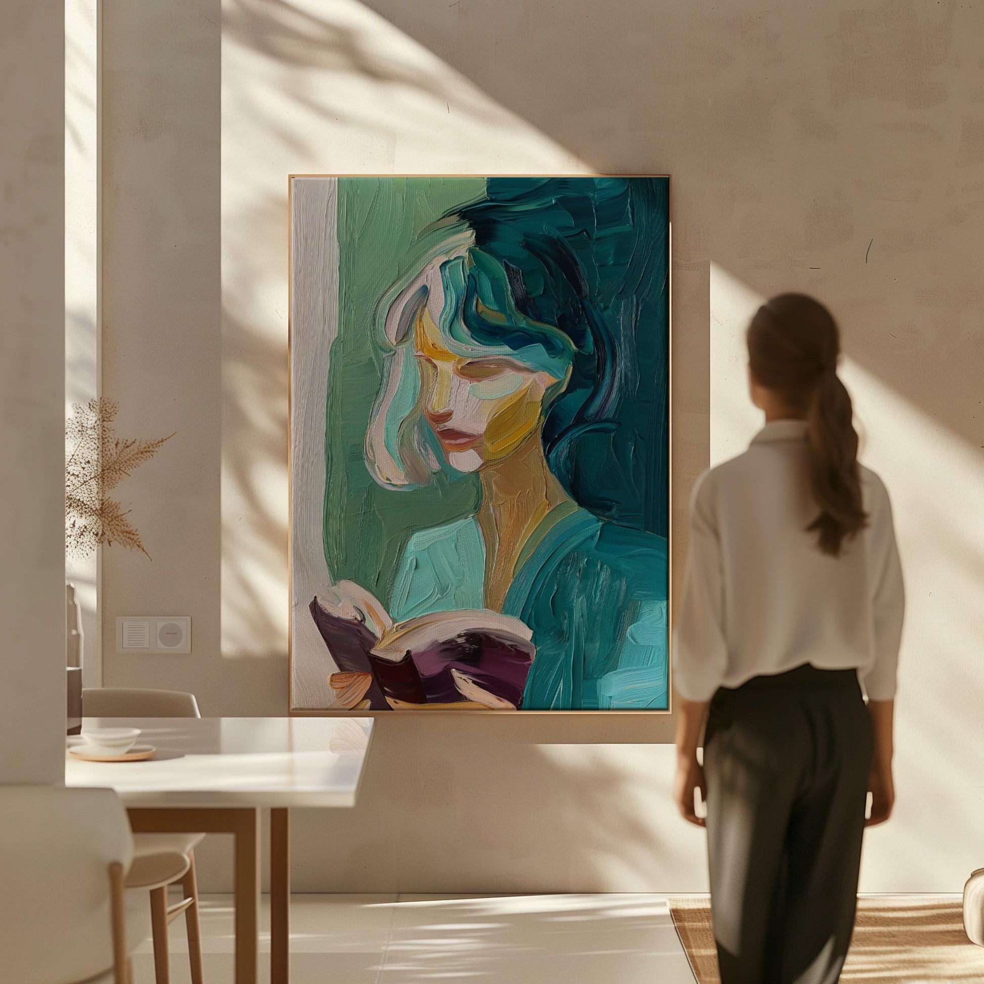 Abstract Figurative Canvas Wall Art – Modern Portrait of Woman Reading Giclée Print with Floating Frame