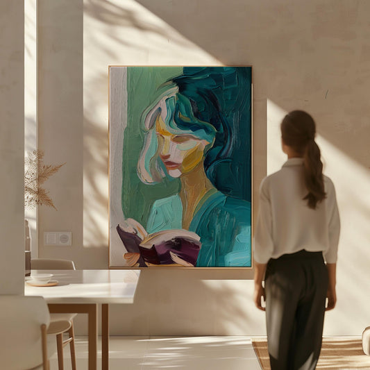 Abstract Figurative Canvas Wall Art – Modern Portrait of Woman Reading Giclée Print with Floating Frame