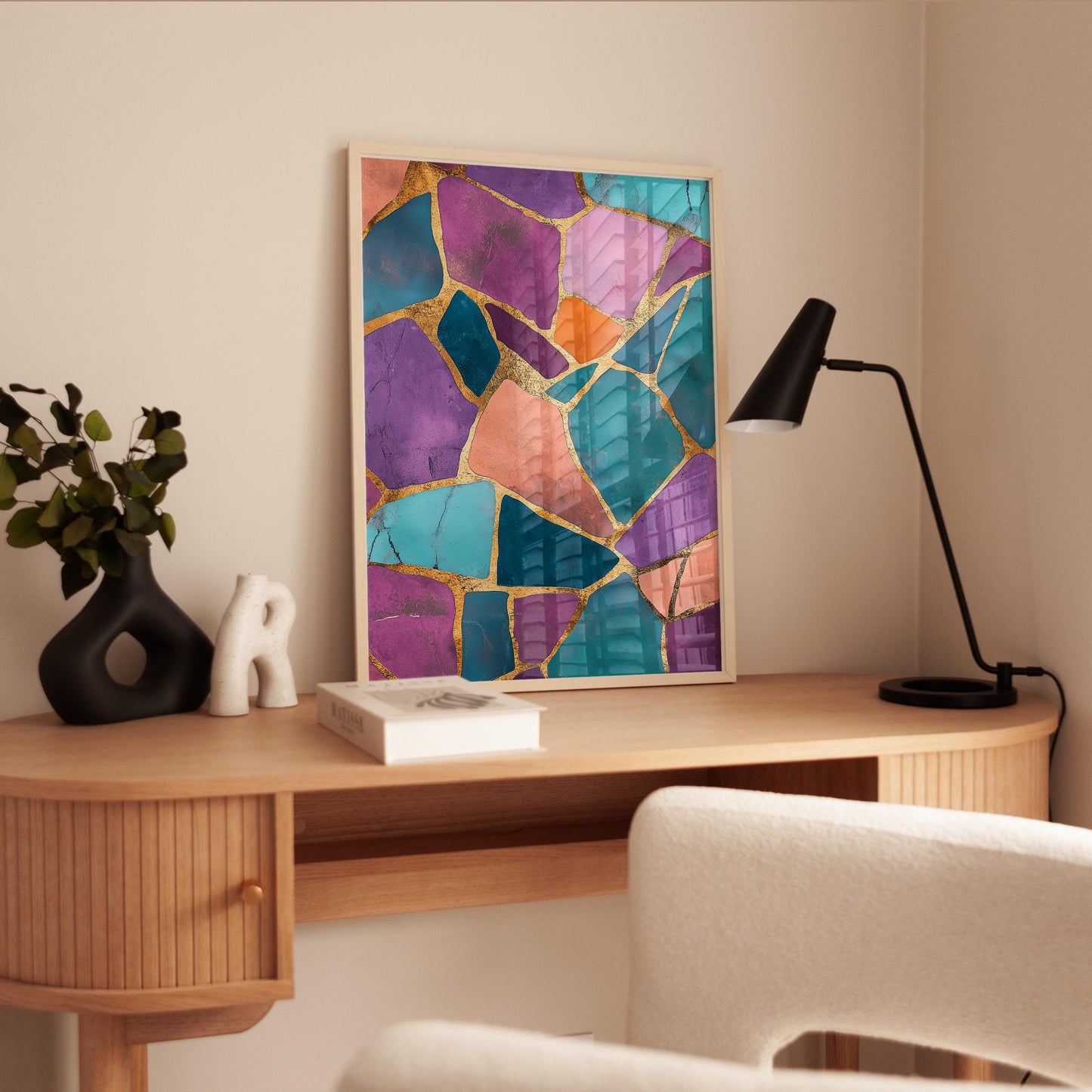 Abstract Wall Art Print - Jewel Tone Wall Art with Gold Geometric Design