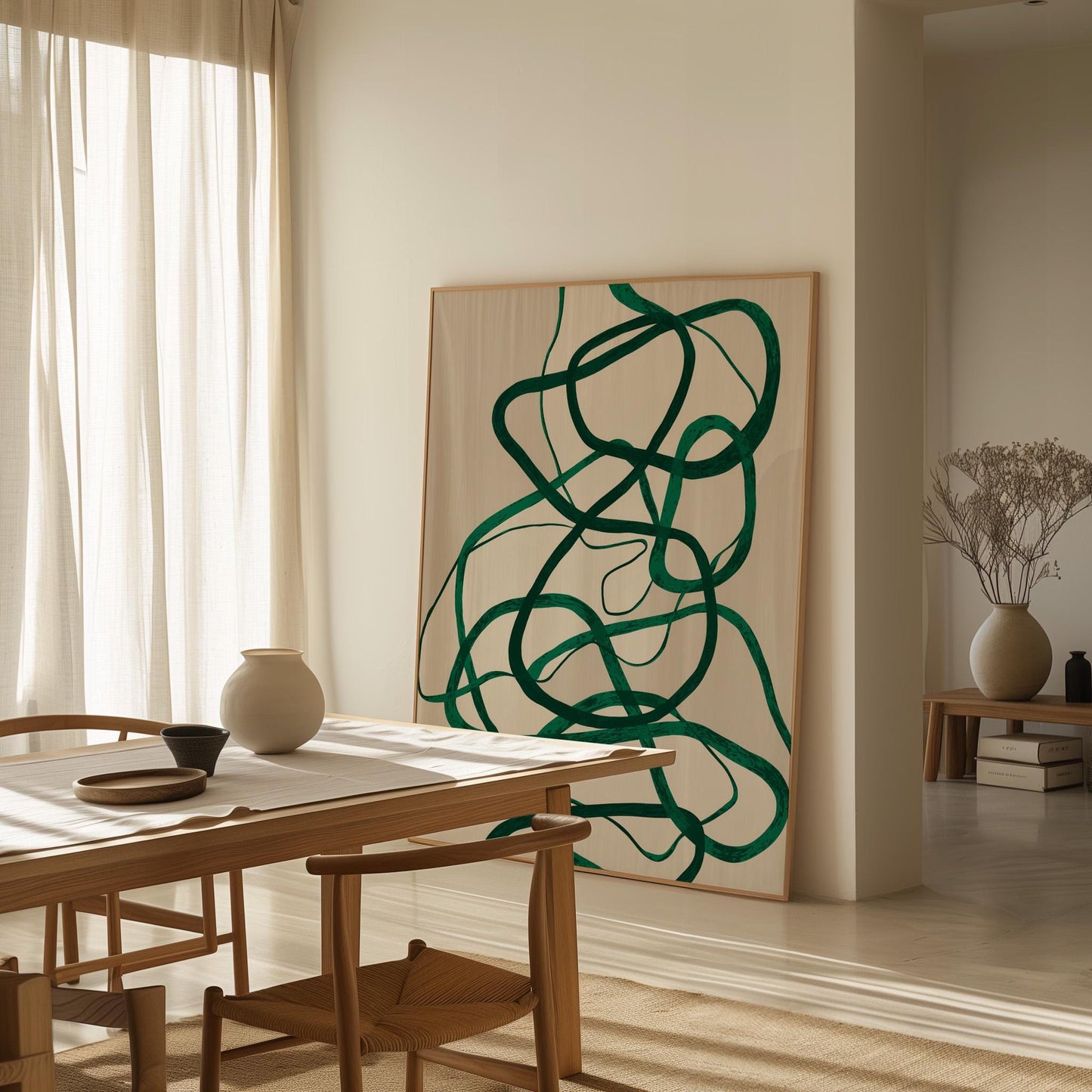 Green Abstract Line Giclée Canvas Print Modern Minimal Wall Art for Scandinavian or Contemporary Home