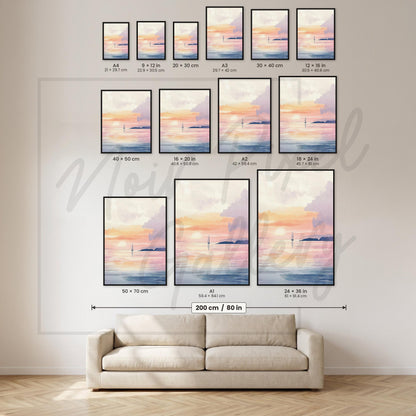 Sunset Sailboat Print – Pastel Seascape Art | Unframed Giclée Wall Decor